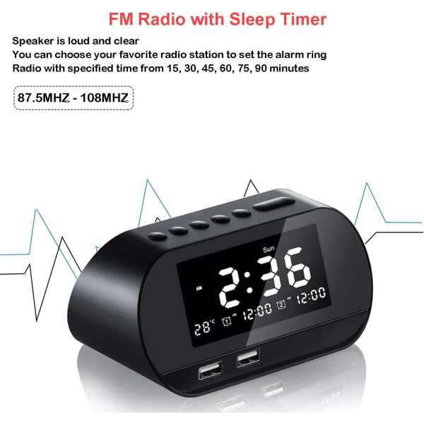 Klockradio med FM-radio, digital väckarklocka, inomhustemperatur 6 nivåer Ljusstyrka 16 nivåer Justerbar volym, dubbla USB portar (svart)