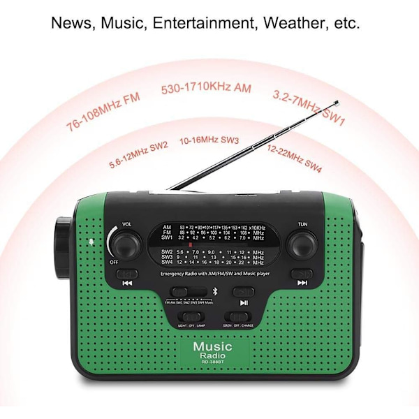 FM/AM/SW Ulkokäyttöön Tarkoitettu Hätäradio - LED-taskulamppu - Aurinkovoimalla Toimiva - Pystyy Lataamaan Puhelimen Hätätilanteessa (Vihreä)