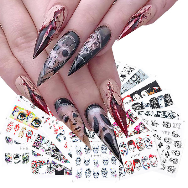 48 ark Halloween Nail Stickers Day of Dead Water Transfer Nageldekaler Skull Ghost Eye Hulk Clown Witch Nail Art Stickers Halloween Party Supply