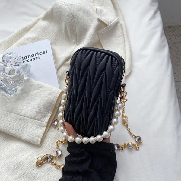 Pearl Chains Diamond Lattice Crossbody Cell Phone Axelväska för kvinnor PU modeväskor och handväskor 2022, 1st-svart