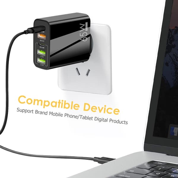 Ny PD65W Snabbladdare för Mobiltelefon 5V4A US Version PD+3USB Multi-Port Adapter (1-pack, Vit)