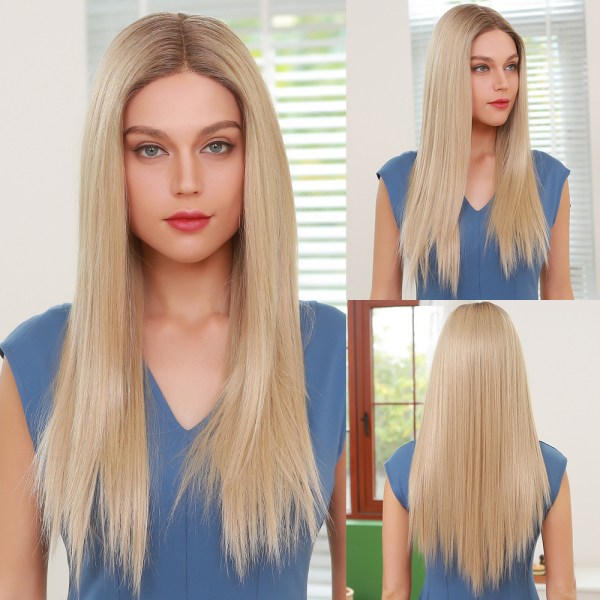 Håndlavet blondefront paryk til kvinder med medium længde, gradvist gyldent, glat hår, højtemperatur silke, blødt hår, 22 tommer