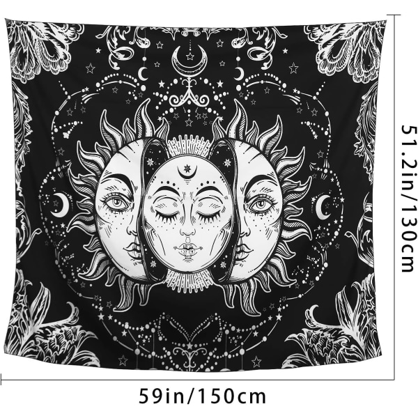 Sol- och månetapet, sol med stjärnor Psykedelisk Populär mystisk väggtapet för sovrum Estetisk svartvit strandfilt (Medium-59 x 51 i