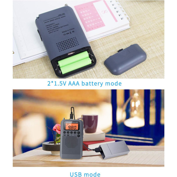 Bärbar Radio Mini Pocket Radio med högtalare FM/AM Digital Stereo DSP-mottagare med väckarklocka och timer, personlig radio med hörlurar, Grå
