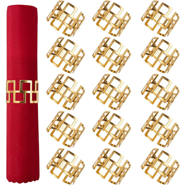 Jul servettringar - Set med 16 guld servetthållare rund metall jul servettspänne för julfest Middag Bröllop Matbordsdekoration Go