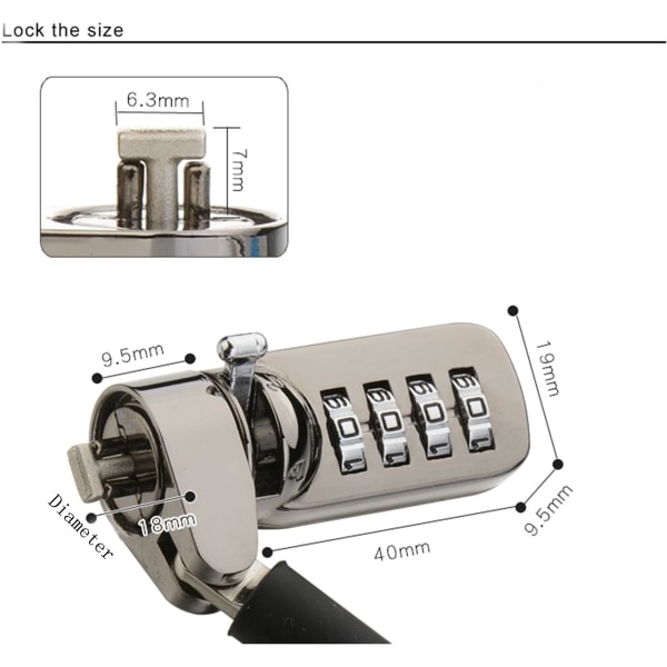 Datorlås 4-siffrigt säkerhetslösenord för bärbar dator 2m Svart (1st)