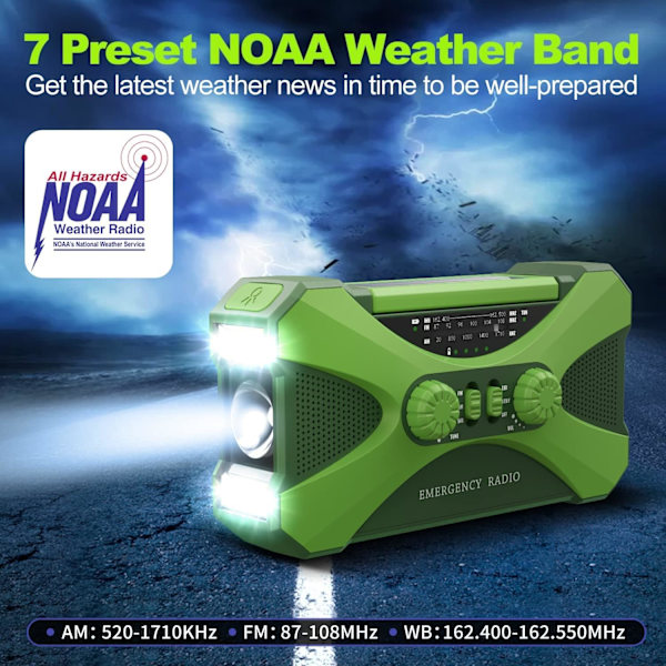 【10000mAh】 Nödradio Handvev Solar, NOAA väderradio Flera power , ficklampa, läslampa, mobiltelefonladdare, SOS Alarm, Portabl