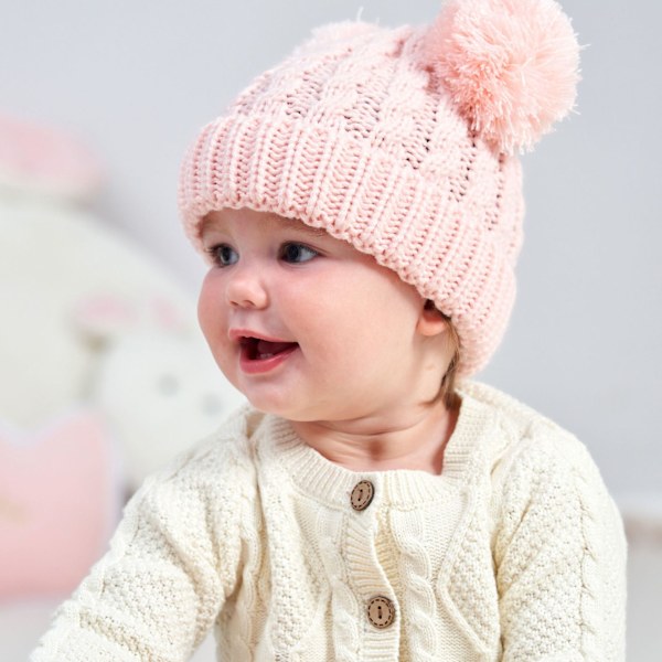 Baby Lue Dobbel Ball Barnelue Høst og Vinter Varm Lue (Rosa)
