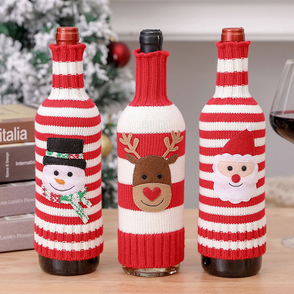3 stycken juldekorationer ullstickad ränder vinflaska älg yeti rött vin champagneflaska set