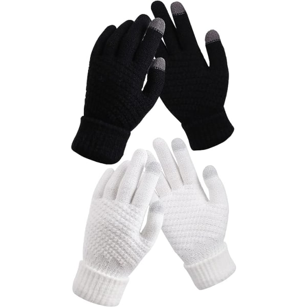 2 Par Dame Vinter Touch Screen Hansker Varme Fleeceforede Strikkehansker Elastisk Mansjett Vinter Tekstingshansker (Svart + Hvit) white