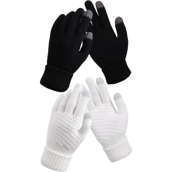 2 par pekskärmshandskar för kvinnor, varma fleecefodrade stickade handskar Elastiska manschett Vintertexthandskar (svart+vit)