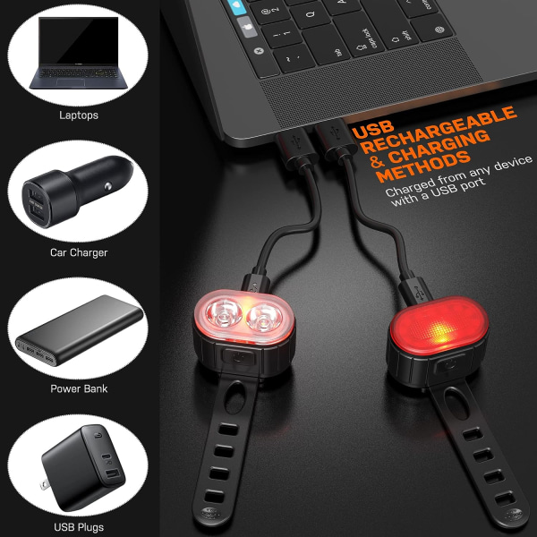 Set, kraftfull LED-cykelljussats, Cykelljus IPX5 vattentät USB uppladdningsbara cykelljus, fram- och bakvägscykelljus för män och kvinnor