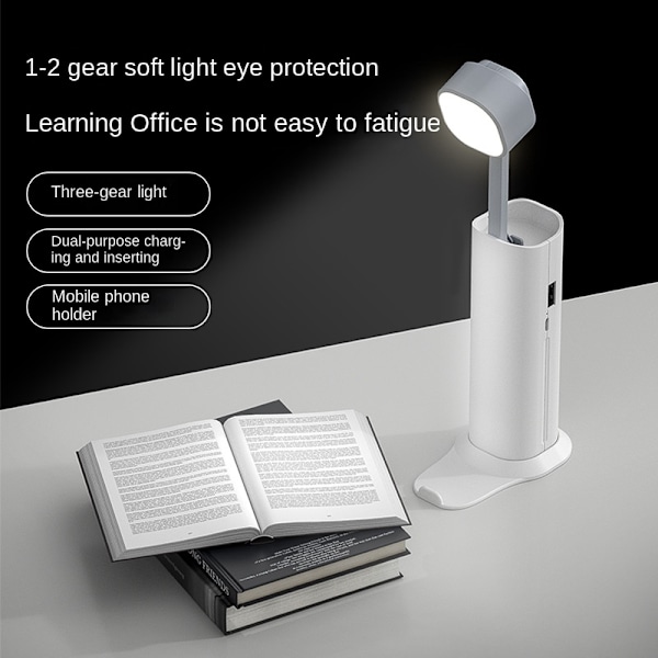 Multi ögonskydd skrivbordslampa Learning dedikerad LED-nattlampa för sovrummet USB uppladdningsbar utomhusficklampa, vit