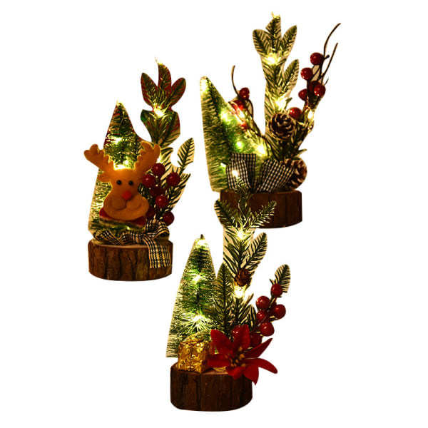 3 stk. juletrepynt, lysende julepynt med trebase, mini juletre til bord