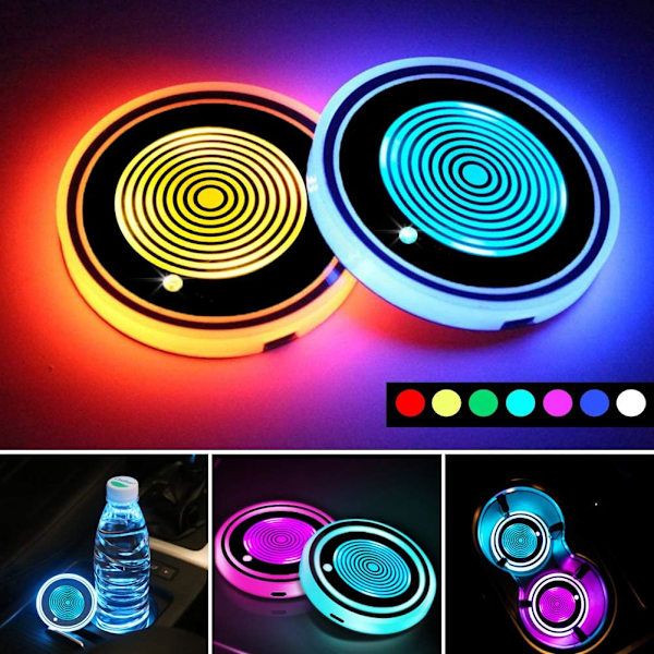 LED Car Cup Holder Lights, 7 Colors Changing USB Charging Mat Wat