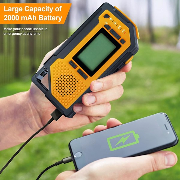 Bärbar radio med LCD-skärm och handvev 2000mAh uppladdningsbart batteri Nödradio Power SOS Alarm -Orange