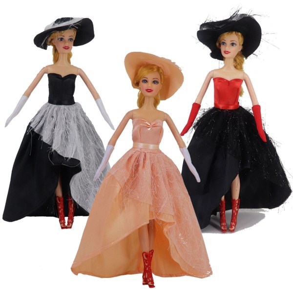 3 uppsättningar 30 cm Barbie docka kläder, fashionabla prinsessklänningar, klänningar, hattar, leksaker för flickdräkter