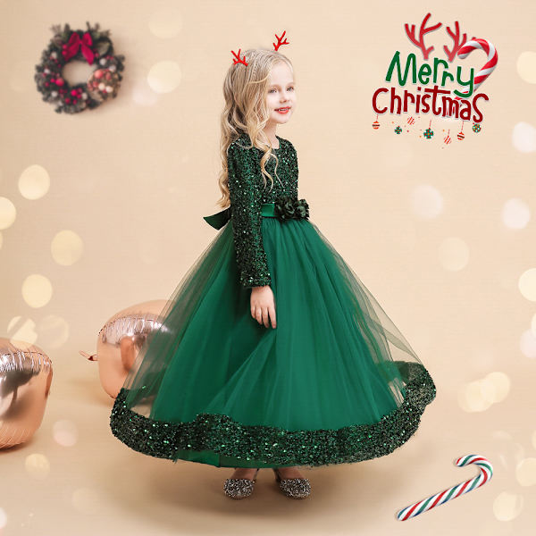1-delad långärmad julklänning för flickor Paljett Poncho Princess Dress (grön)