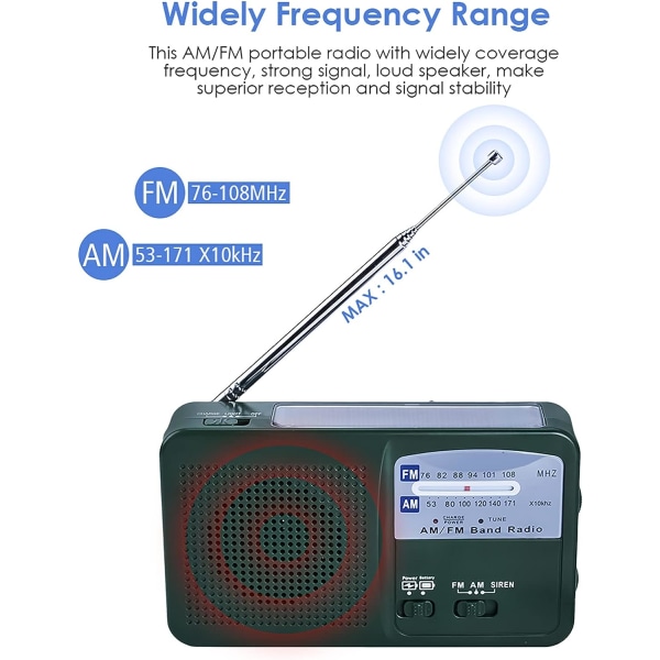 NOAA AM FM Radio Handvev Dynamo Solar Powered Radio Multifunktion Nödradio med LED-ljus Siren Bärbart batteri (grönt)