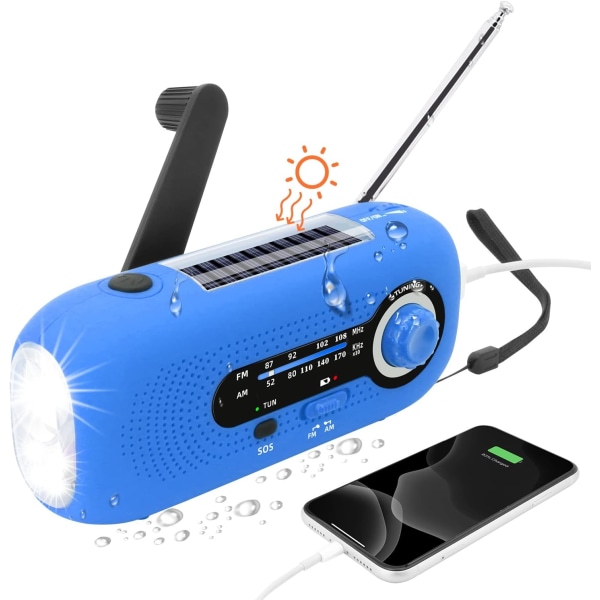 Solar Dynamo Radio, Solar Radio med SOS larm för nödsituationer, IPX3 vattentät radio, AM/FM vevradio, Ficklampa, 2000mAh batteri (blått)
