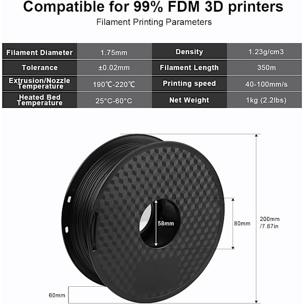 3D-skrivarfilament PLA 1,75 mm 1KG spole, filament 3D-utskriftsmaterial - svart