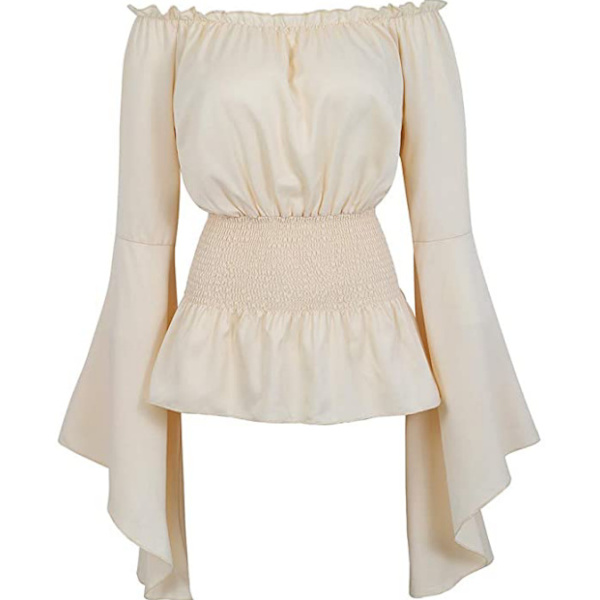 Långärmad off-shulder utsvängd, viktorianska kläder från mitten av århundradet för kvinnor (beige, M)