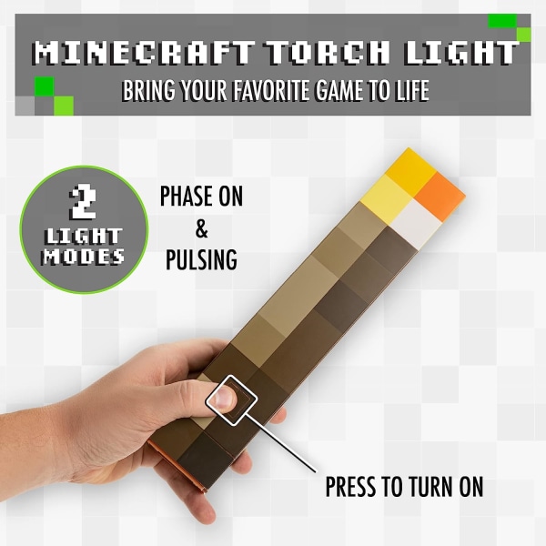 Palladone Minecraft lommelykt, 2 lysmoduser, veggmontert og frittstående, batteridrevet