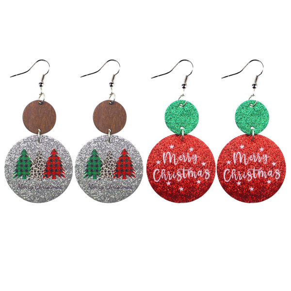 2 par de boucles d'oreilles rondes en cuir de Noël en poudre fina givrée pailletter PU arbre de Noël blocs de bois