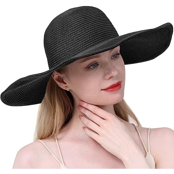 Dame Floppy Hat Stråhat Bredskyggede Solhatte Åndbar Anti UV Stråhat Strand Solhat UPF 50+, Sort