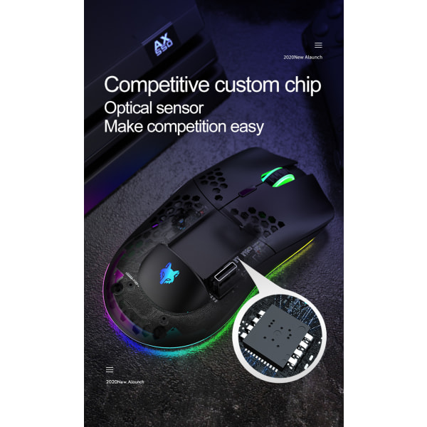 Ultralet RGB Gaming Mus | Honeycomb Skal | 65 Gram | maks. 12000 cpi | USB Kabel | 6 programmerbare knapper | On-Board Hukommelse | Anti-skrid Grip