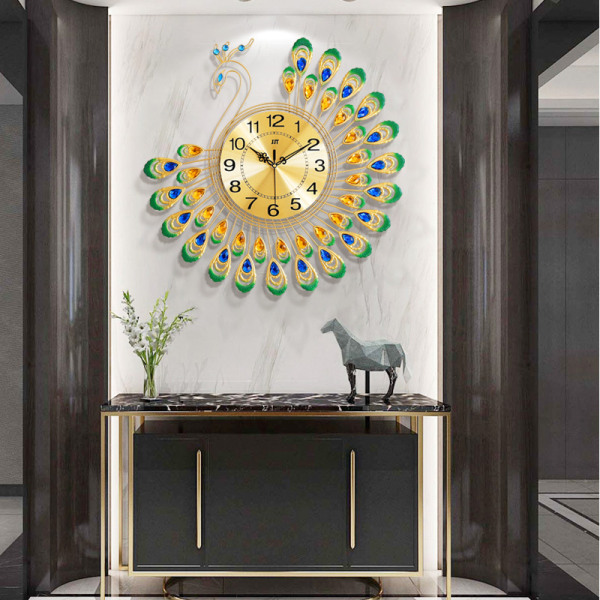 Big Gold Diamond 3D Peacock väggklocka, används för heminredning eller heminredning i vardagsrummet, DIY-hantverksdekorationsklocka