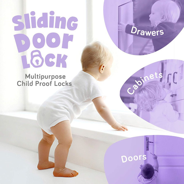Barnsäkerhetslås för skåp och lådor, skjutdörrslås, lättinstallerade baby , baby , 2-pack, vit (2-pack)