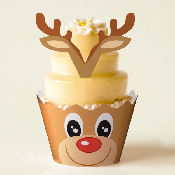 120 Stykker Jule Cupcake Toppers Wrappers Festartikler - Snemand Julemand Rensdyr Alf