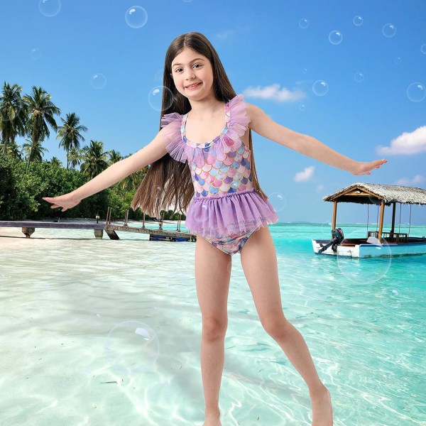 Flickor Barn 1-delad volang baddräkt i sjöjungfrustil för strand, sommarbaddräkt Holiday Beachwear(Pp-M 120-130)