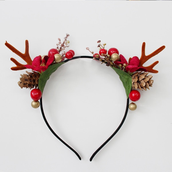 Jule hårbøjle med små rensdyr, simulerede blomster og bær, hovedbeklædning til voksne og børn, fødselsdag, arrangement, elg hårbøjle