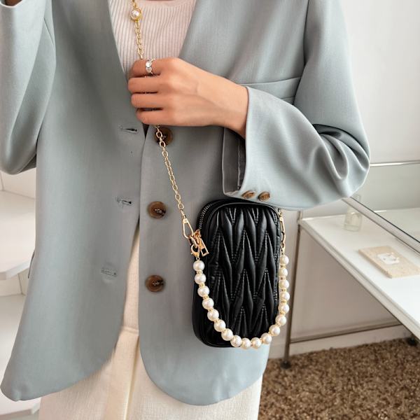 Pearl Chains Diamond Lattice Crossbody Cell Phone Axelväska för kvinnor PU modeväskor och handväskor 2022, 1st-svart