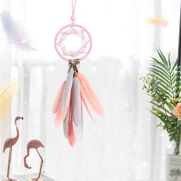 Drømmefanger Håndlavet Drømmefanger Grå Fjer Vægophæng Ornament Bil Interiør Bakspejl Vedhæng Bil Charm Hængende (Pink)