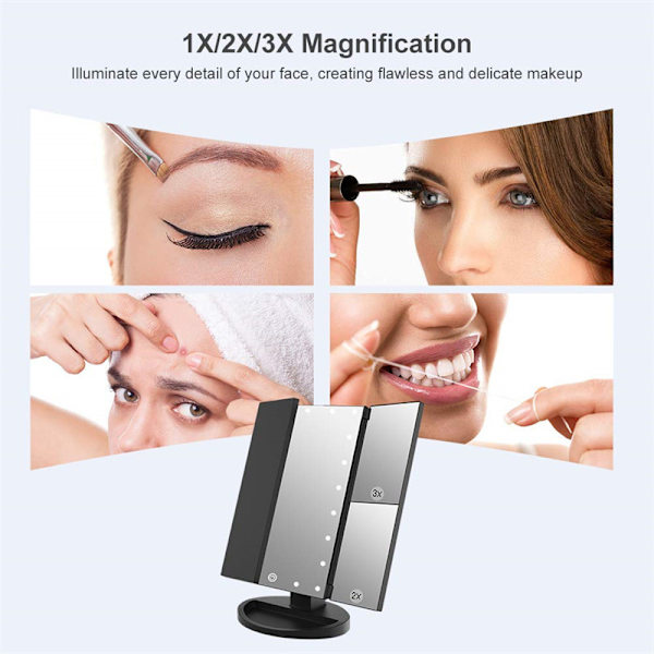 Sminkspegel Vanity Mirror med lampor, 2X 3X 10X förstoring, upplyst sminkspegel, touchkontroll, bärbar LED-sminkspegel, present till kvinnor mörk