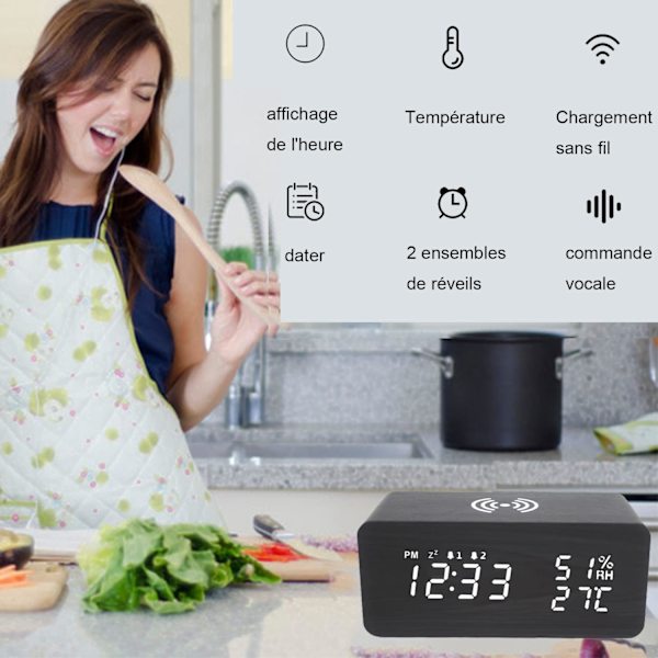 Digital väckarklocka, Digital väckarklocka med trådlös laddning, LED digital klocka Digital väckarklocka med temperatur/ USB laddningsport (svart)