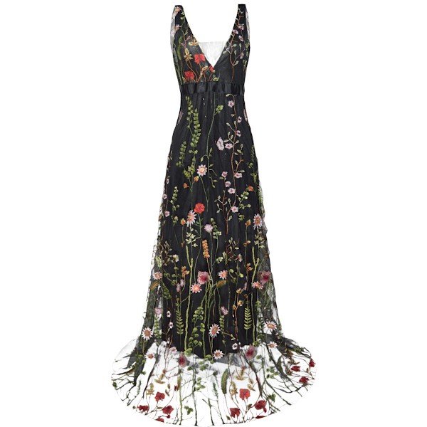 Broderad Maxiklänning Kvinnor Sexig Djup V-ringad Blommig Boho Backless Party Bal Strand Bröllops Lång Klänning Vestido-M