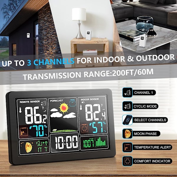 1 väderstation inomhus utomhustermometer Trådlös färgdisplay Digital temperaturfuktighetsmätare, vädertermometerprognosstation med kl.