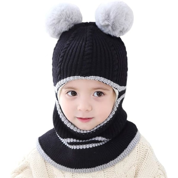 Baby Flickor Pojkar Vinter Varm Scarf Sjal Hatt Stickat Söt Cover Balaclava，Svart black