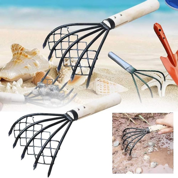 Musslingsgaffel, Musslingskratta, med nät, Claw Rake, Handkrata för att gräva skaldjur, Strand (1 stycke, svart)