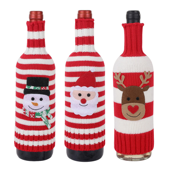 3 delar dekorationer de Noël laine tricot rayures bouteille de vin älg yeti vin rouge champagne bouteille set