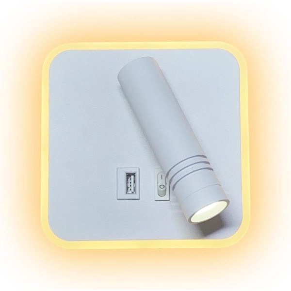 9W LED-vägglampa, läslampa vid sängkanten med USB laddningsport, (6W 3000K varmvit) + (3W 6500K vit) fyrkantig