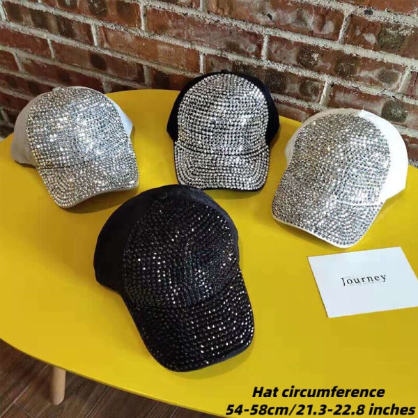 Dam Rhinestone Paljetter Cap Glittrande Glitter Bling Snapback Hat，Vit silver