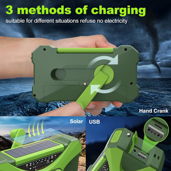 【10000mAh】 Nödradio Handvev Solar, NOAA väderradio Flera power , ficklampa, läslampa, mobiltelefonladdare, SOS Alarm, Portabl