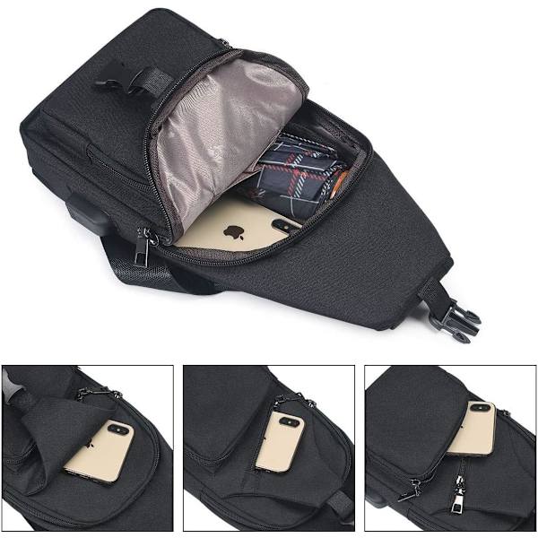 Herre Crossbody Taske, Brysttaske med USB-opladning og Høretelefonport, Herre Rejse Rygsæk (Kun en Rygsæk), Sort
