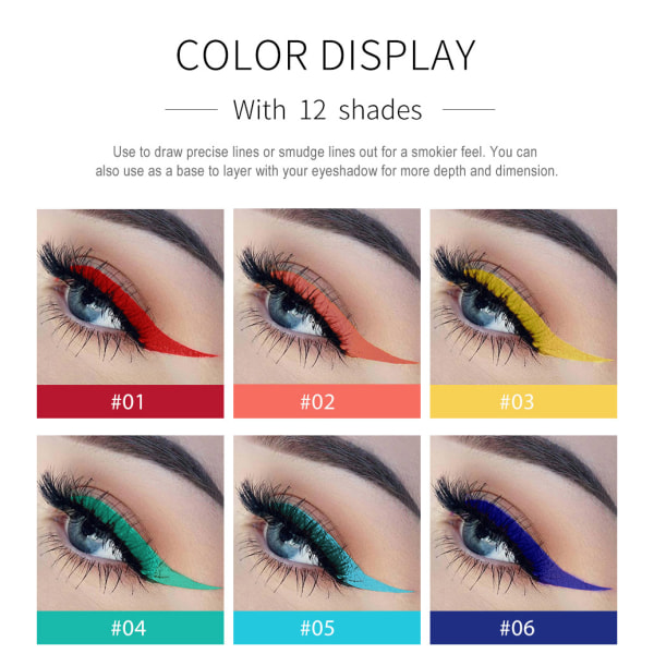 12-färgs mattfärgad eyeliner, snabbtorkande och inte lätt att smeta ut flytande eyelinerpenna 12-pack eyeliner