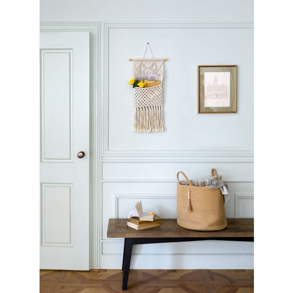 Macrame Magazine Organizer Posthållare Väggfäste Bomullsvävd hängficka, Boho Heminredning, Elfenben, 33cm(B)×73cm(L)